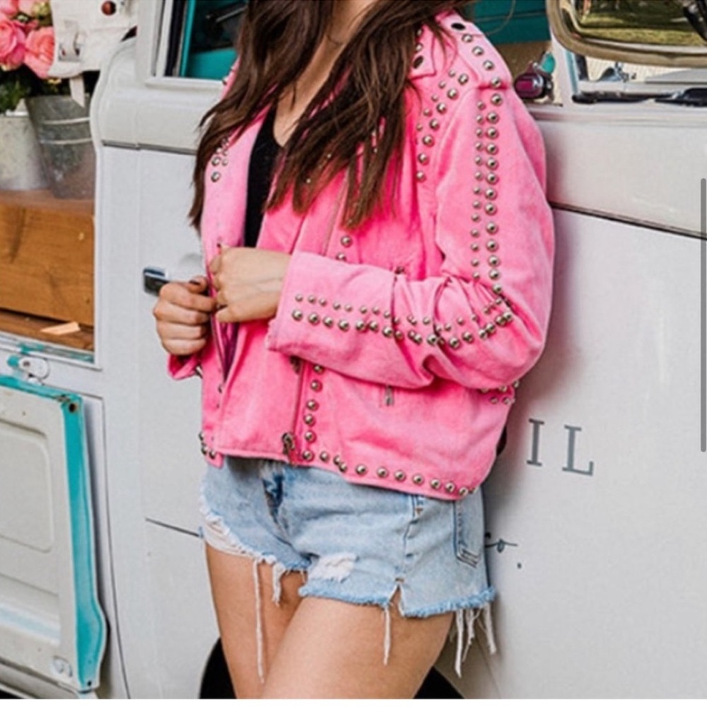 Buddy Love Moto Jacket Medium Bubblegum Pink Suede Studded Zip size S Like New